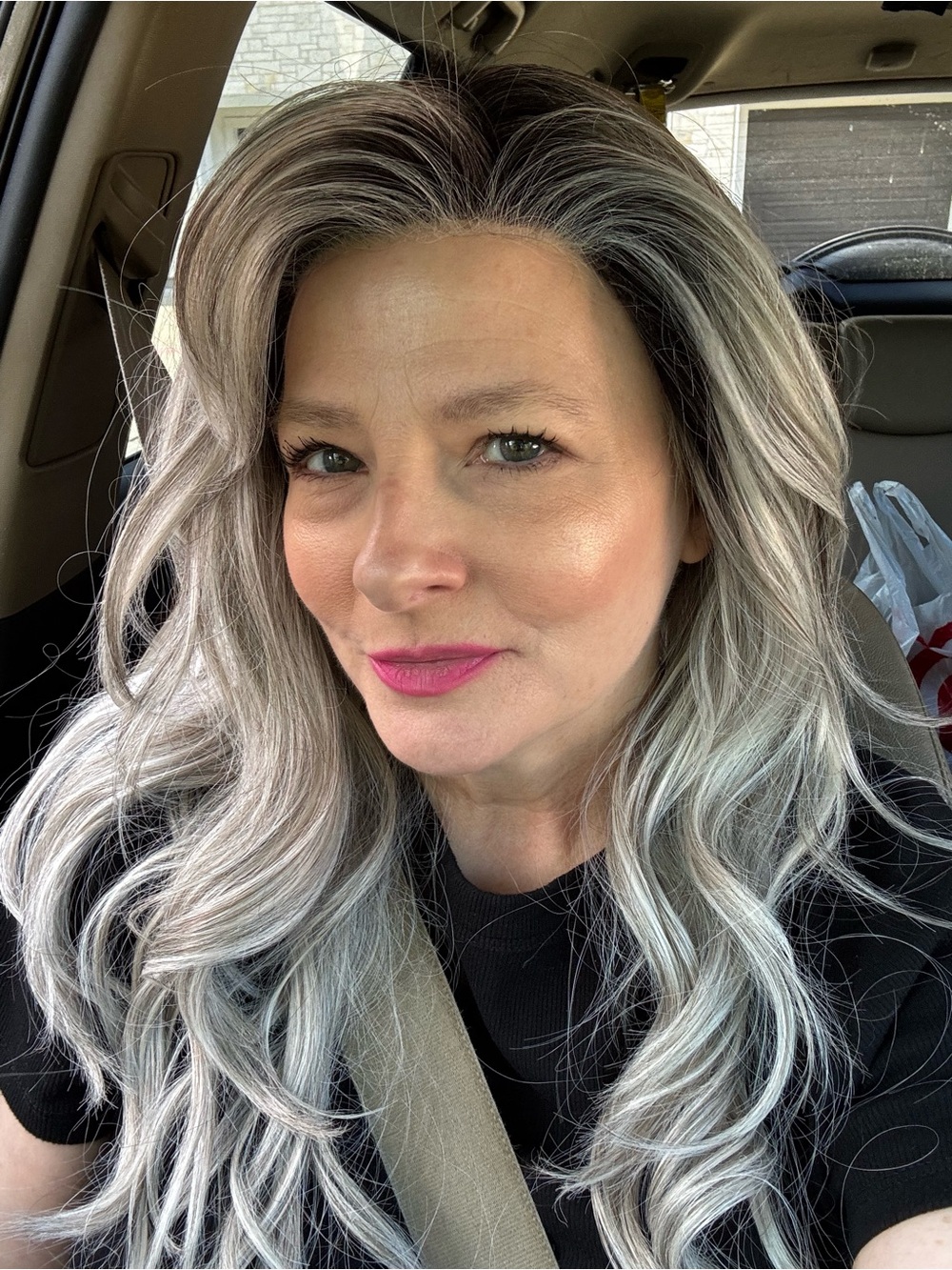 Long Wavy Lace Front Wig in Silver Gray with Natural Dark Roots